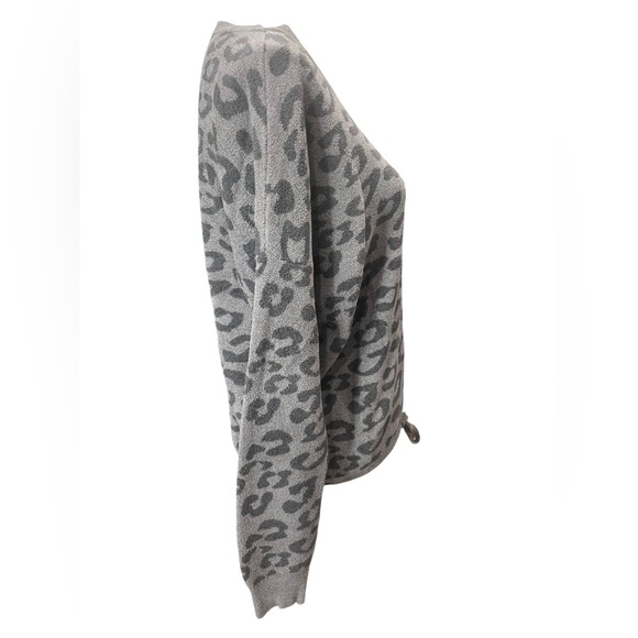 Barefoot Dreams CozyChic Ultra Lite Leopard Print Tie Hem Pullover Sweater Gray - Picture 7 of 11